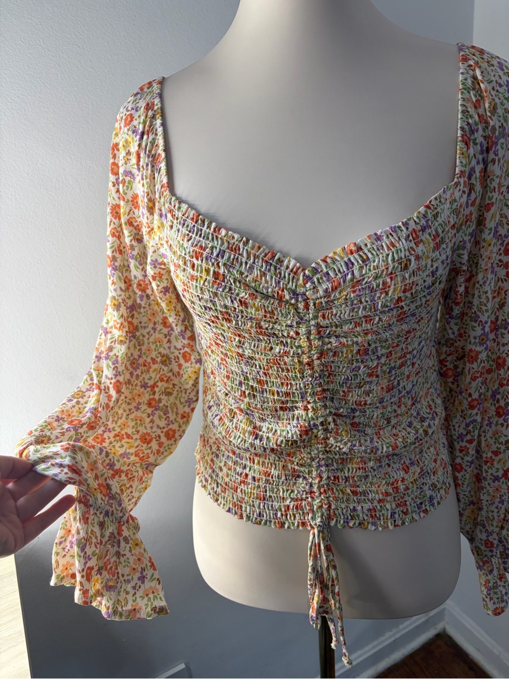 Heatherly Cream Floral Smocked Peasant Fall Boho cottage Blouse